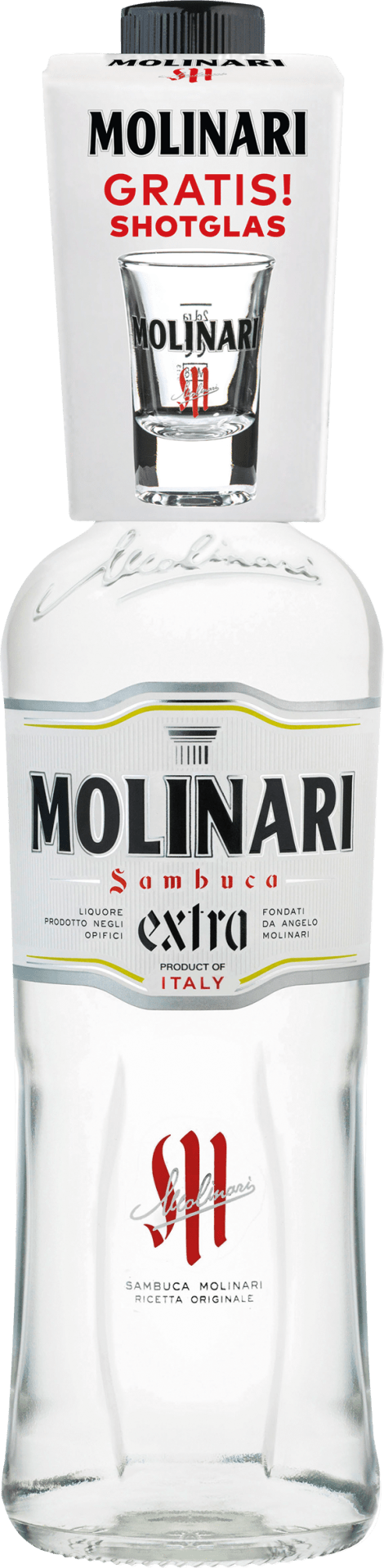 Molinari extra Sambuca mit Shot Glass On-Pack